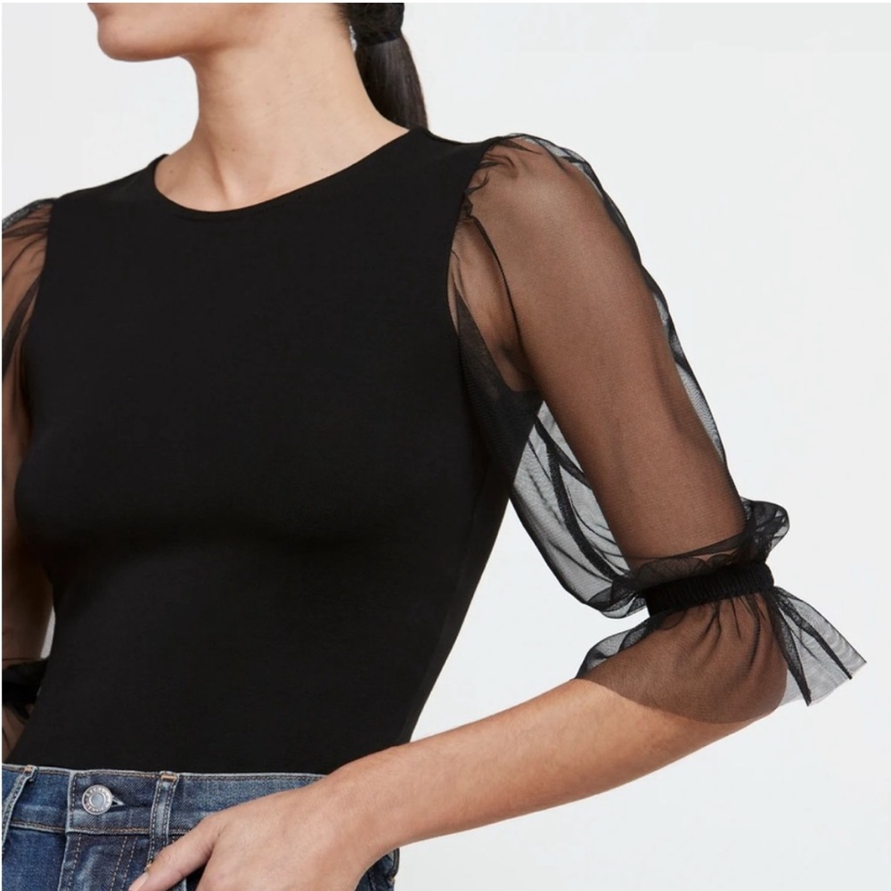 Sheer Puff Sleeve Black Bodysuit - Picture 4 of 9